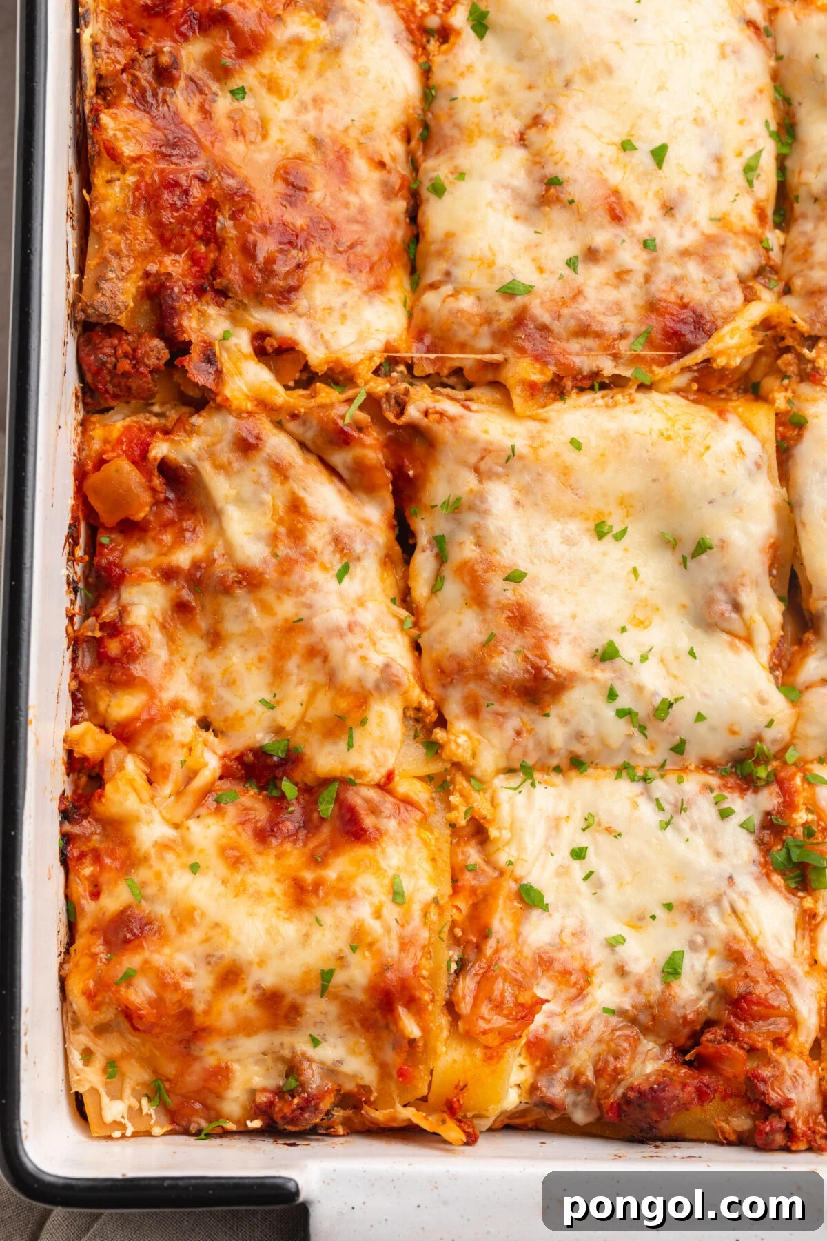 Irresistible Gluten-Free Lasagna 3 Top-down, overhead view of a gluten-free lasagna, freshly sliced into perfect squares, resting in a baking dish.