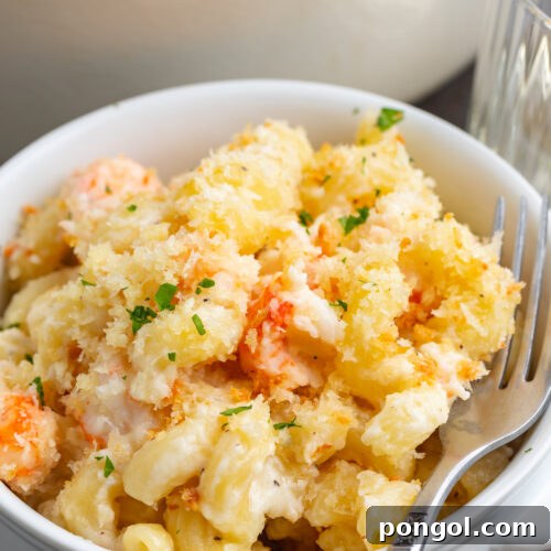 Side view of a ramekin of lobster mac and cheese in front of a casserole dish.