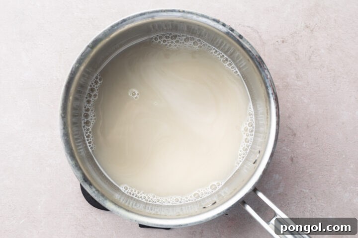 Dashi powder and water being whisked together in a small silver saucepan over medium heat.