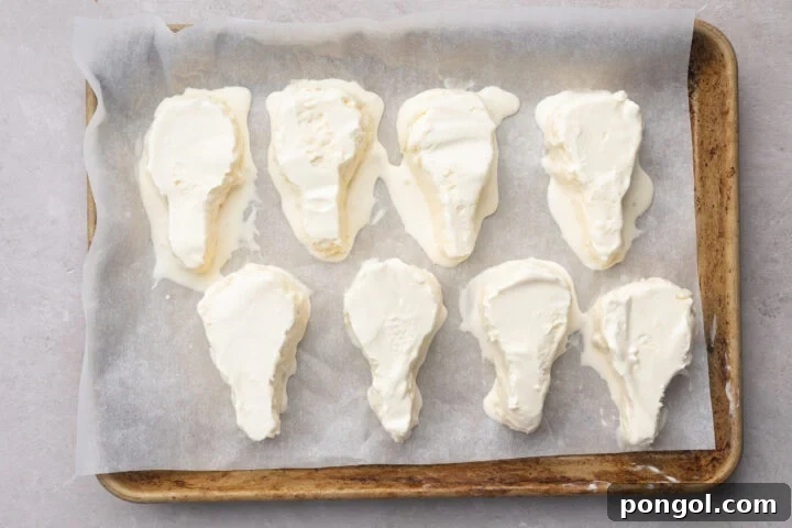 Overhead look at drumstick-shaped ice cream bars lining a baking sheet covered with parchment paper.