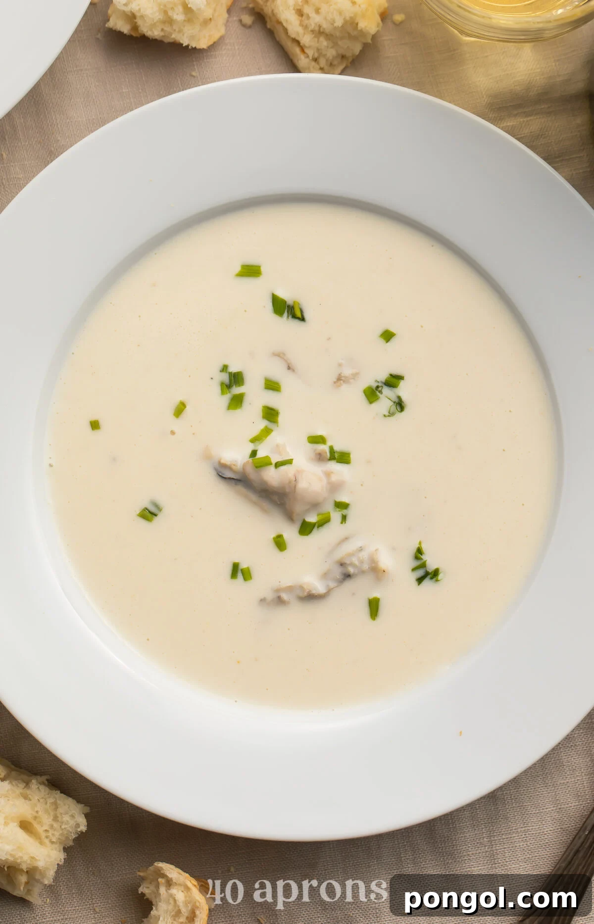 Close-up view of a soup bowl filled with luscious, pale, creamy oyster brie soup. Tender chunks of oyster are nestled in the center, and the surface is beautifully adorned with finely chopped fresh chives.