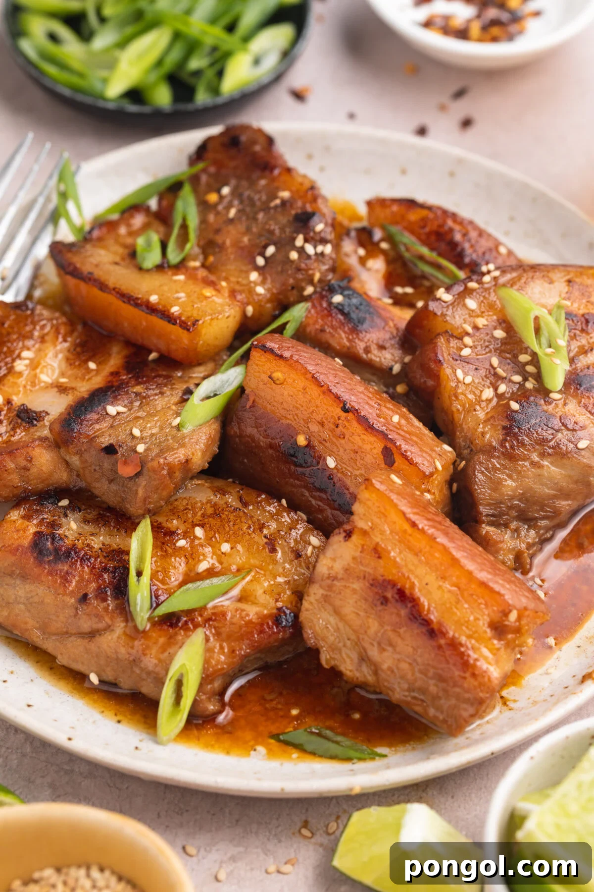 3/4-angle view of sous vide pork belly on a white plate. The meat is garnished with sesame seeds and green onions.