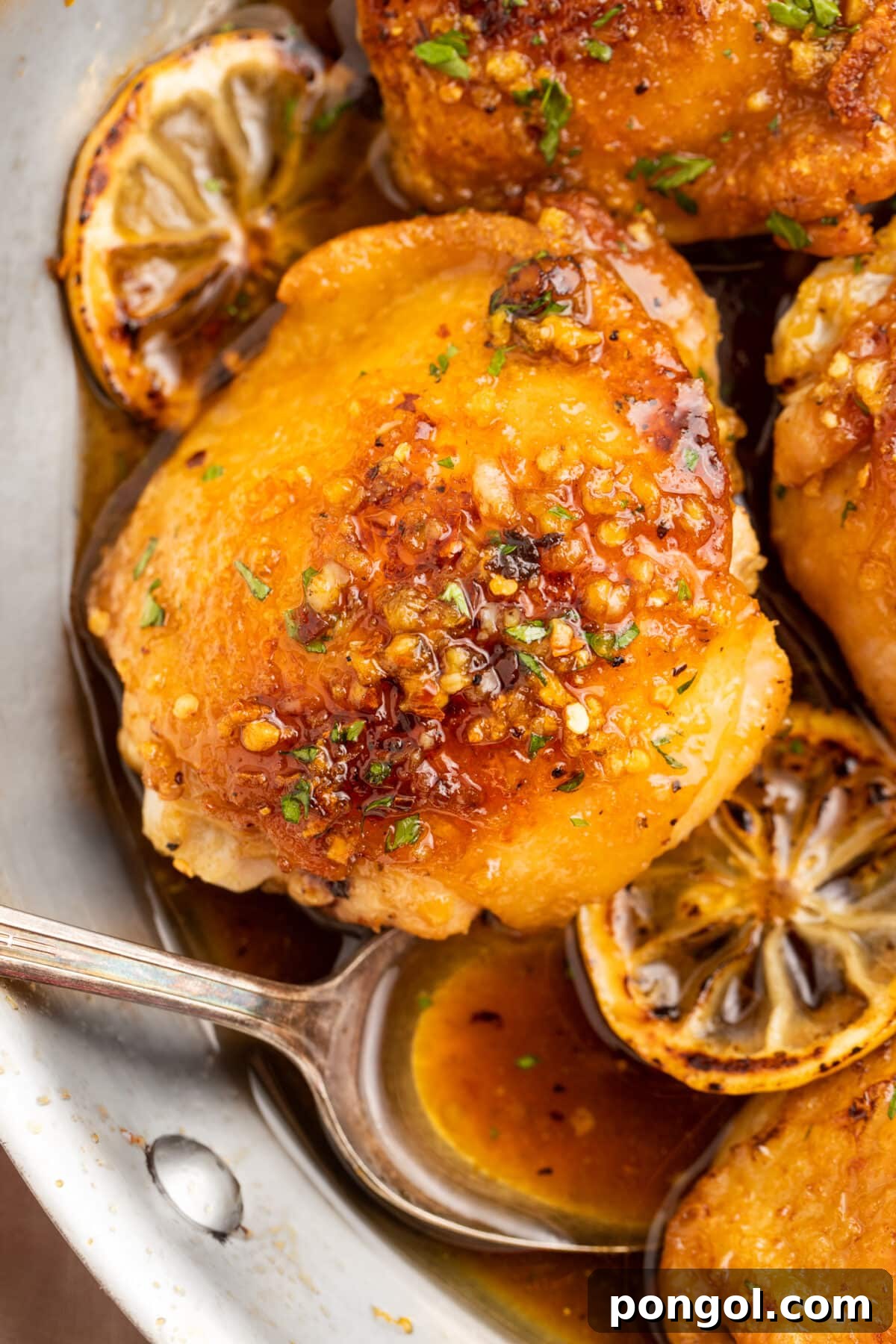 Honey garlic lemon pepper chicken thighs in a skillet with lemon wheels and a spoonful of sauce.
