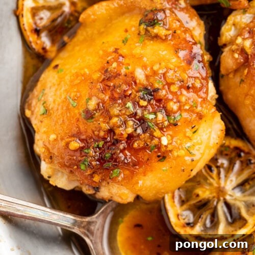 Honey garlic lemon pepper chicken thighs in a skillet with lemon wheels and a spoonful of sauce.
