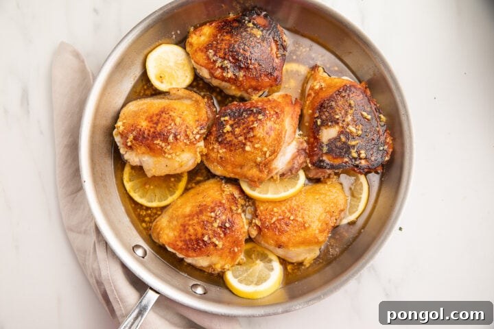 Honey chicken thighs in a large silver skillet with lemon slices.