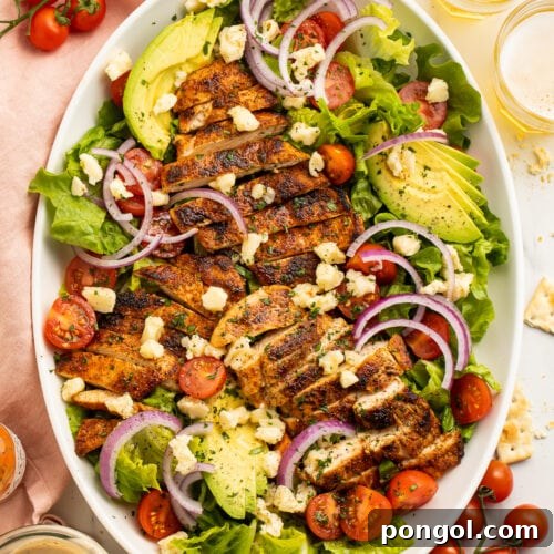 Top down view of an oval platter filled with cajun chicken salad - lettuce, cherry tomatoes, red onion, and ranch.